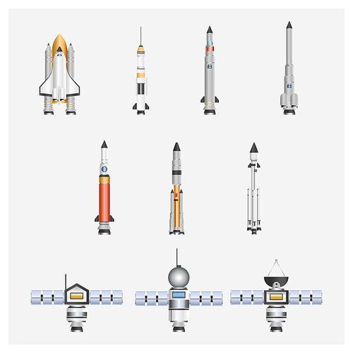 collection of space rockets and artificial satellites