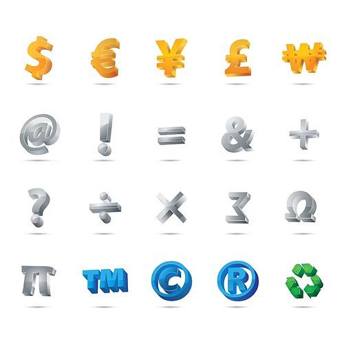 set of currency and mathematical symbols