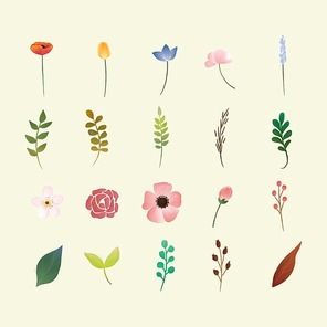 a collection of watercolor flowers and leaves