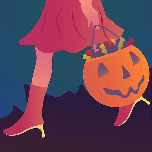 girl carrying trick or treat basket with candies
