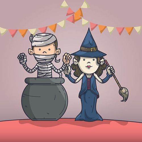 mummy and witch with cauldron