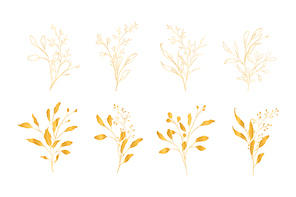 Botanical line art silhouette golden leaves hand drawn pencil sketches isolated on white. Fine art floral elegant delicate graphic clipart for wedding invitation card. Vector illustration
