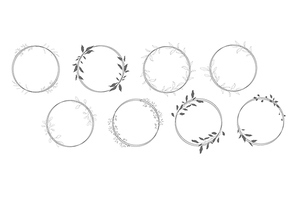 Botanical line art silhouette leaves wreath hand drawn pencil sketches isolated on white. Fine art floral elegant graphic frame for wedding invitation card. Vector illustration