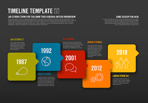 Vector Infographic horizontal timeline template made from arrow bubbles and icons - dark gray version
