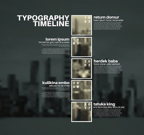 Vector Infographic typographic timeline report template with the biggest milestones, photos, years and description on blurred city background