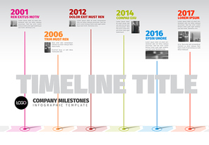Vector Infographic Company Milestones Timeline Template with pointers and photos on a straight line