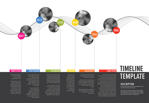 Vector Infographic Company Milestones Timeline Template with circle photo placeholders on colorful line - horizontal version