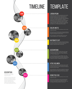 Vector Infographic Company Milestones Timeline Template with circle photo placeholders on colorful line - vertical version