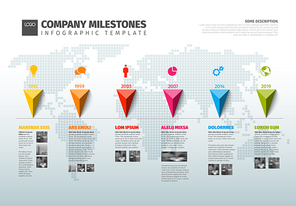 Vector Infographic Company Milestones Timeline Template with pointers on a line and world map in the background