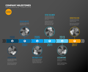 Vector Infographic Company Milestones Timeline Template with circle photo placeholders on a blue time line - dark version