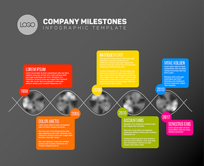 Vector Infographic timeline report template with the biggest milestones, icons, years and color buttons - dark version