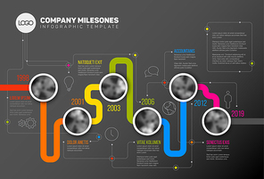 Vector Infographic Company Milestones Timeline Template with circle photo placeholders on colorful line - dark version