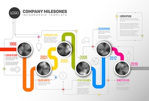 Vector Infographic Company Milestones Timeline Template with circle photo placeholders on colorful line