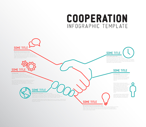Vector Infographic cooperation report template made from lines and icons with handshake - two colors red and teal version