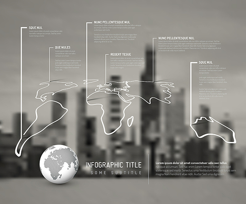 Light World thin line map infographic template with pointer marks and blurred city photo in the background