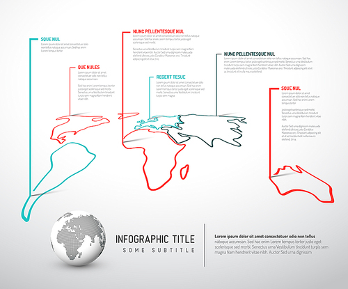 Light World thin line map infographic template with pointer marks - red and teal version