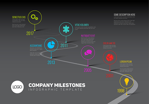 Vector Infographic Company Milestones Timeline Template with pointers on a curved road line - dark version