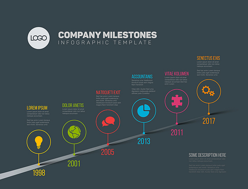 Vector Infographic Company Milestones Timeline Template with pointers on a straight road line - dark version