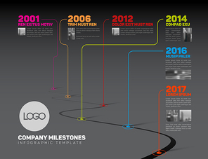 Vector Infographic Company Milestones Timeline Template with pointers and photo placeholders on a curved road line - dark version