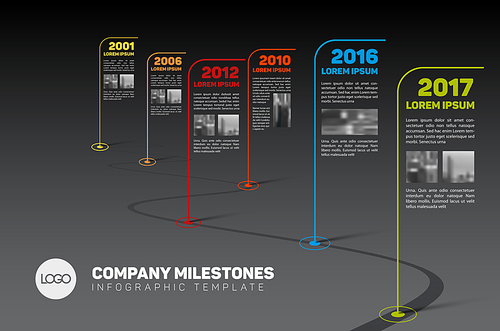 Vector Infographic Company Milestones Timeline Template with flag pointers and photo placeholders on a curved road line - dark version
