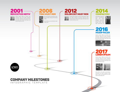 Vector Infographic Company Milestones Timeline Template with pointers and photo placeholders on a curved road line