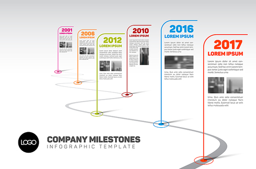 Vector Infographic Company Milestones Timeline Template with flag pointers and photo placeholders on a curved road line