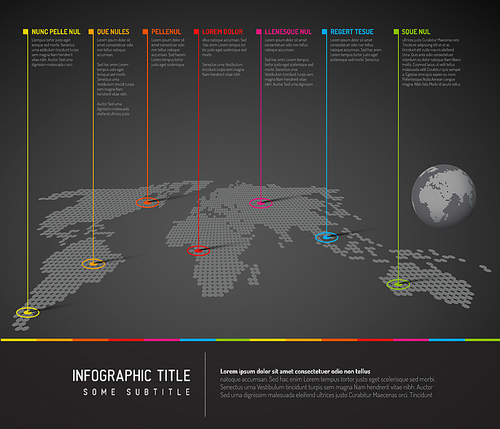 World map infographic: Dark World map with straight long pointer marks