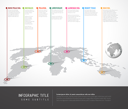 World map infographic: Light World map with straight long pointer marks