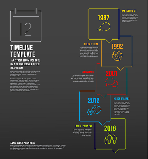 Vector Infographic vertical timeline template made from thin line bubbles and icons - dark version