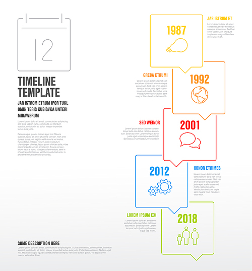 Vector Infographic vertical timeline template made from thin line bubbles and icons