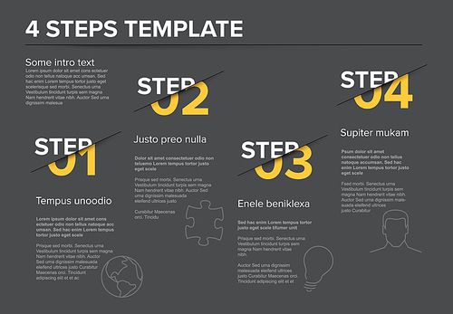 Vector modern four steps progress template with descriptions and icons - dark version