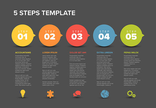 Vector five steps progress template with descriptions and icons - dark version