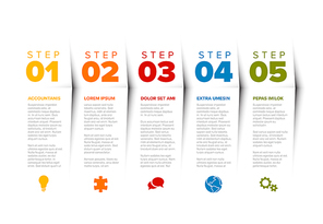 Vector five steps progress template with descriptions and icons