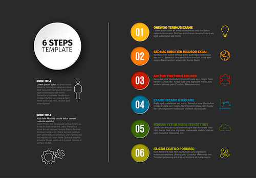 One two three four five six - vector progress steps template with descriptions and icons - dark version