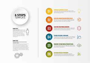 One two three four five six - vector progress steps template with descriptions and icons
