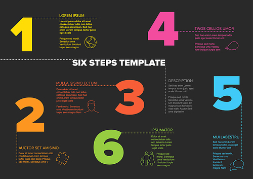 One two three four five six - vector light progress steps template with descriptions and icons - dark version