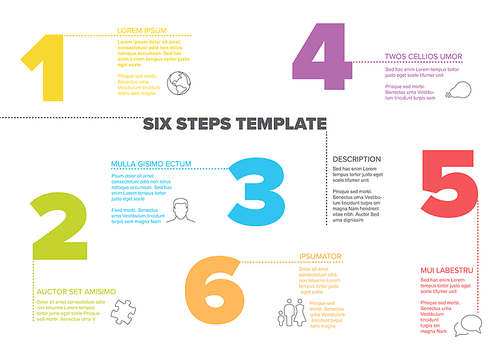 One two three four five six - vector light progress steps template with descriptions and icons
