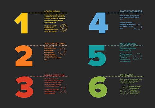 One two three four five six - vector dark progress steps template with descriptions and icons