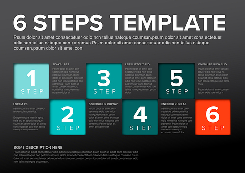 One two three four five six - vector squares progress steps template with descriptions and icons - dark teal red version