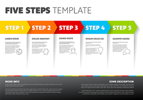One two three four five - vector light progress steps template with descriptions and icons