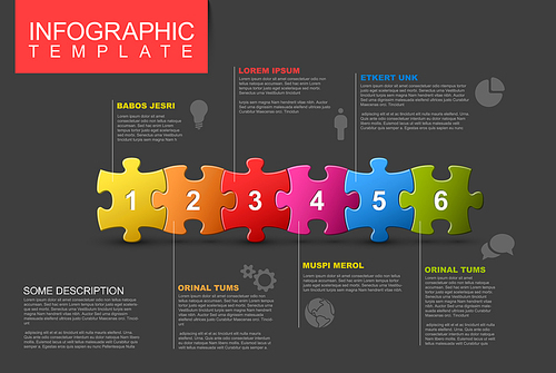 Vector puzzle Infographic report template made from colorful jigsaw pieces, icons and description text - dark version