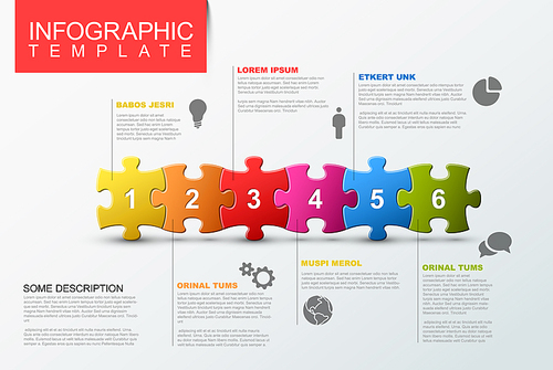 Vector puzzle Infographic report template made from colorful jigsaw pieces, icons and description text