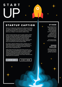 Paper cut startup infographic flyer template with space rocket - dark version