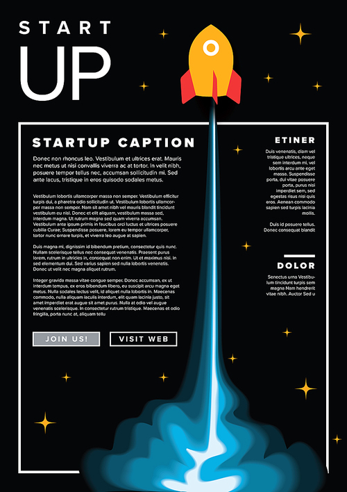Paper cut startup infographic flyer template with space rocket - dark version