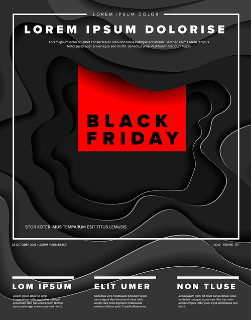 Modern vector black friday flyer template with deep paper cut effect - dark version with red accent