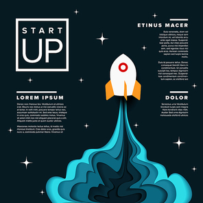 Paper cut startup infographic poster template with space rocket - dark version