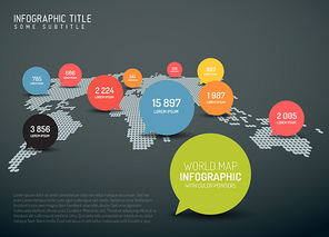 Light World map with simple pointer marks (speech bubbles) -  minimalist infographics concept - dark version