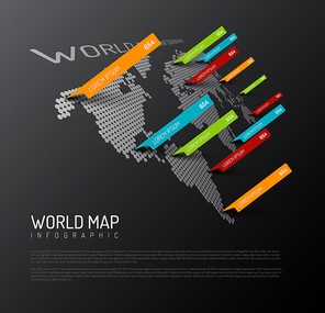 Light World map infographic template with pointer marks (diagonal on the dark wall version)