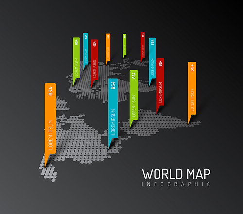 Light World map infographic template with pointer marks - dark version