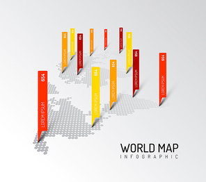 Light World map infographic template with long pointer marks